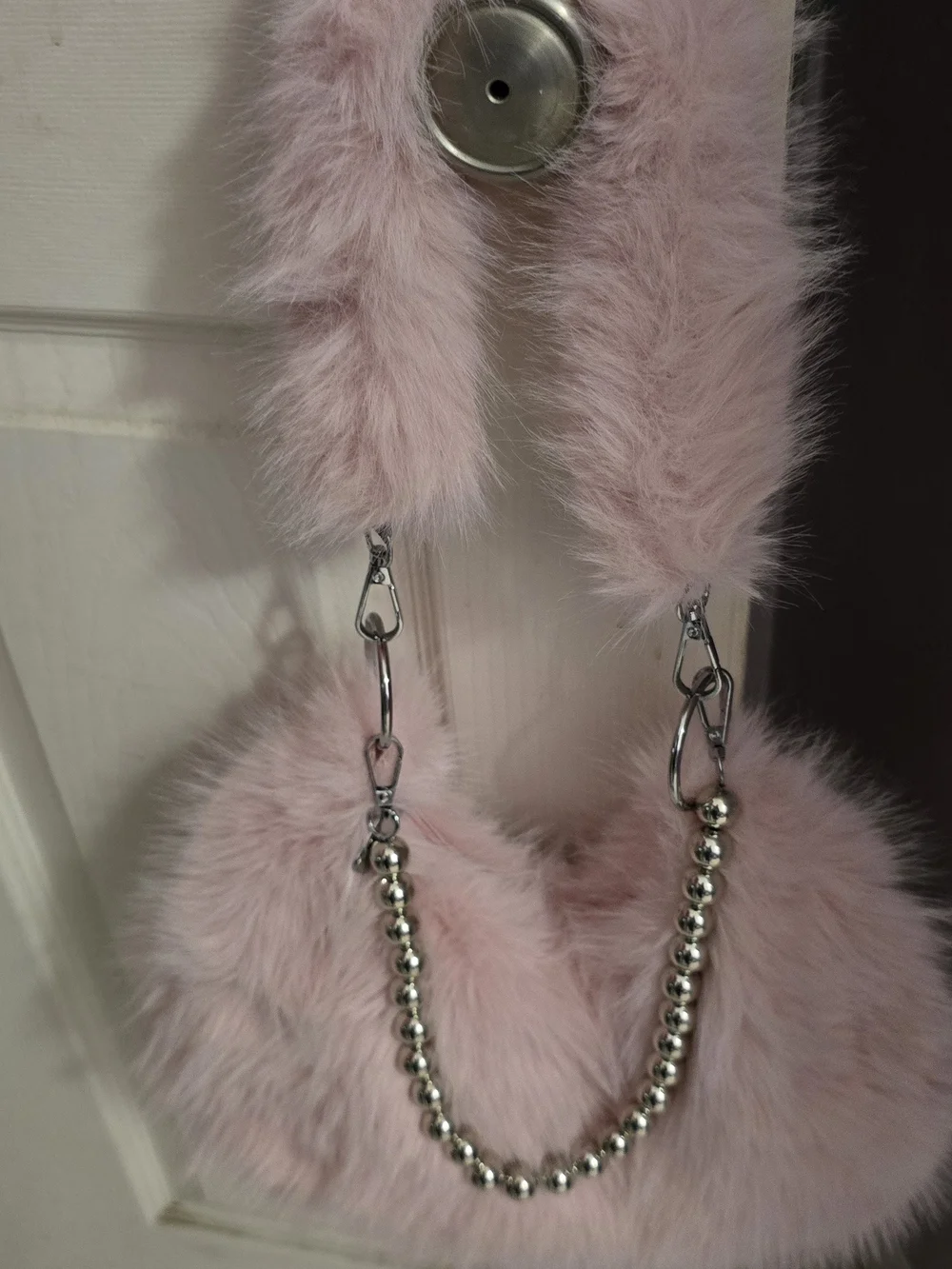 Pink Faux Fur Shoulder Bag with Silver Beaded Strap